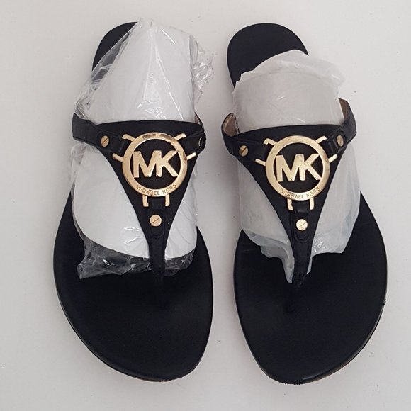 Michael Kors Shoes - MICHAEL MICHAEL KORS Black & Gold Leather Thong Sandal Size 8